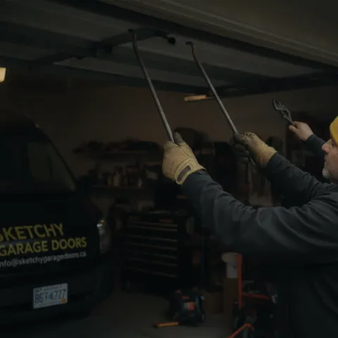 Broken spring repair — Sketchy Garage Doors technician at work in Metro Vancouver